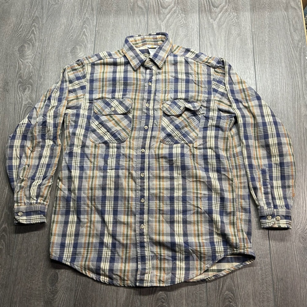 Vintage Carhartt Plaid Flannel Shirt XL Blue Orange Distressed Workwear Shirt